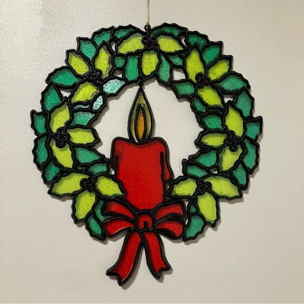 Vintage Plastic Stained Glass Style Holly Candle Wreath Suncatcher Hong Kong